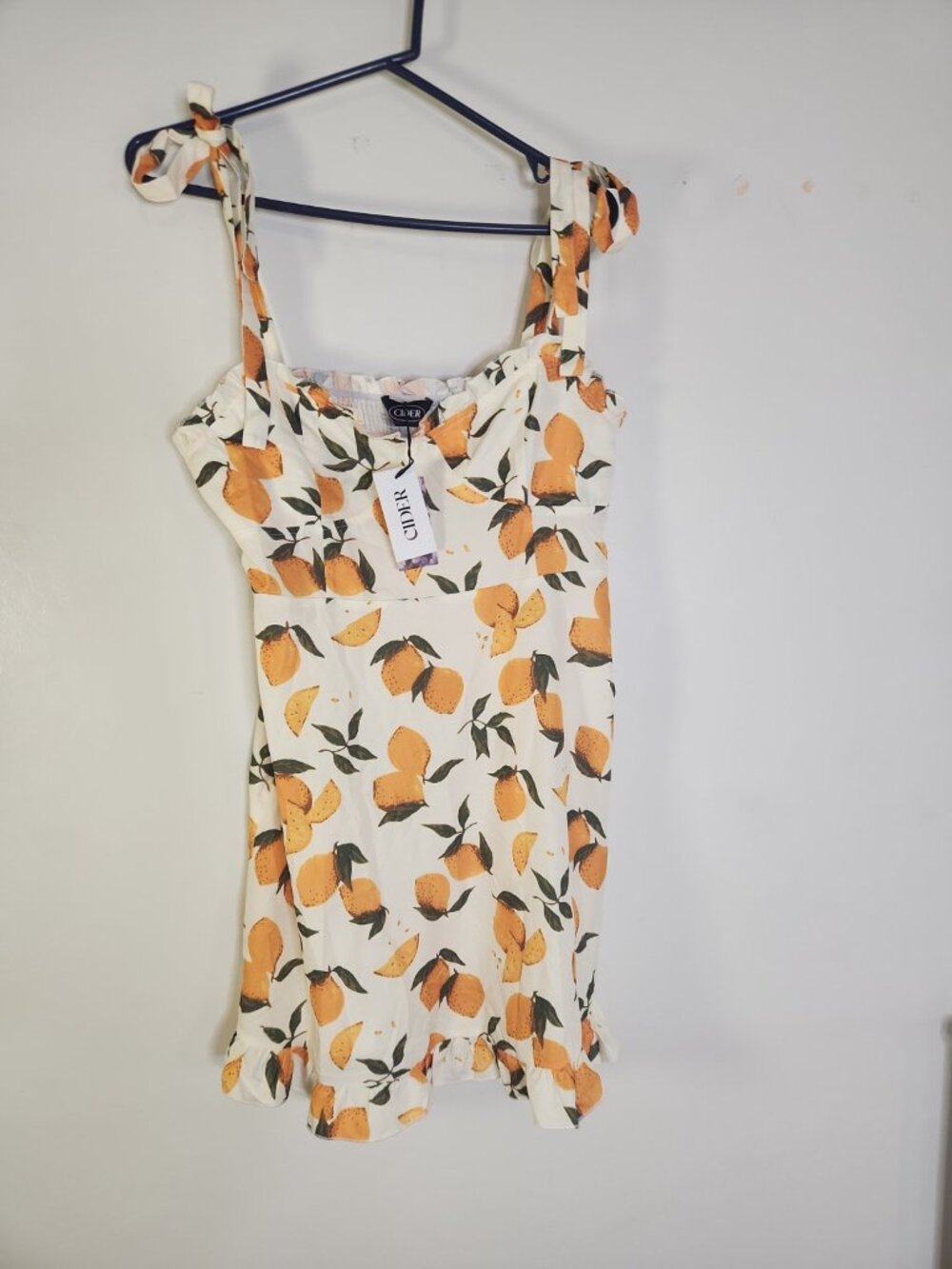 CIDER Lemon Print Ruffle Hem Tie Shoulder Mini Dress XL NWT Smocked Back - Picture 8 of 8
